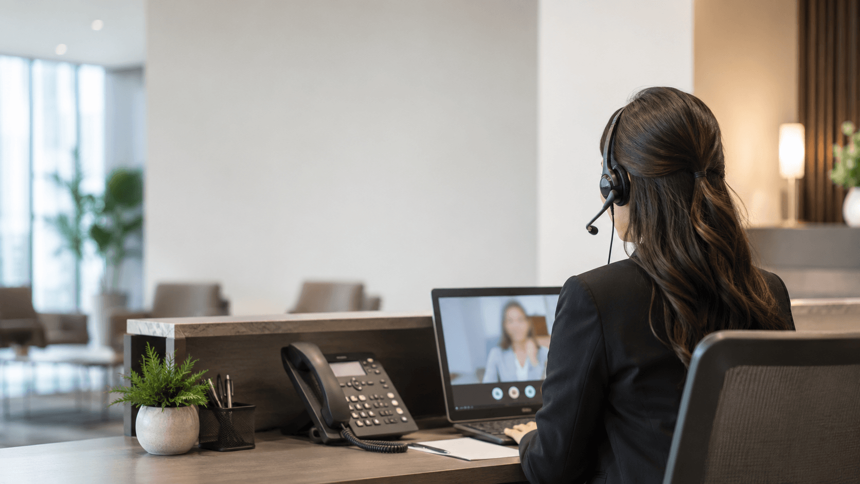 A customer service representative speaking with a client by phone